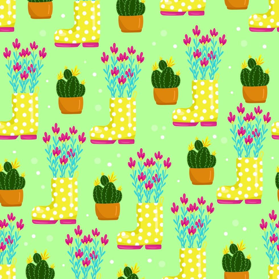 stivali gialli a pois pieni di fiori, cactus in una pentola fiorisce con fiori gialli, motivo floreale senza soluzione di continuità, illustrazione vettoriale in stile cartone animato, disegnare a mano.