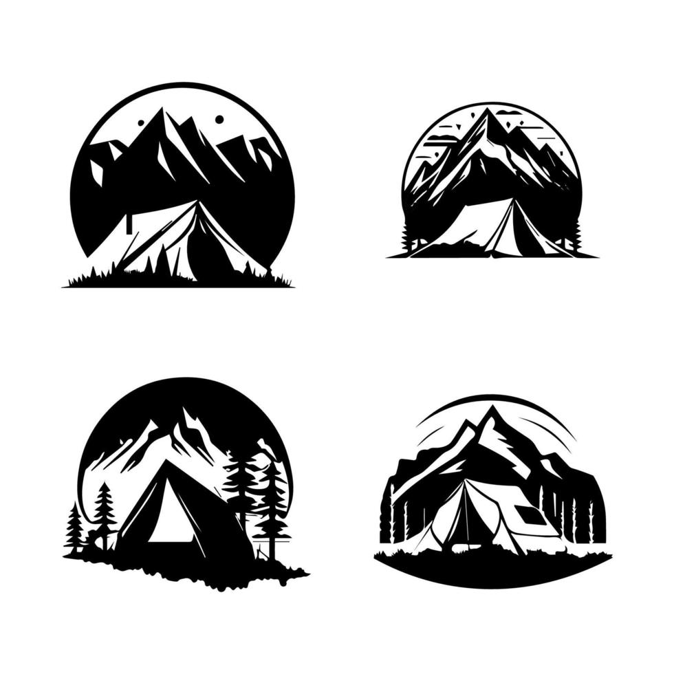 rustico e avventuroso mano disegnato collezione impostato di campeggio logo sagome, Perfetto per natura Gli amanti e all'aperto appassionati vettore