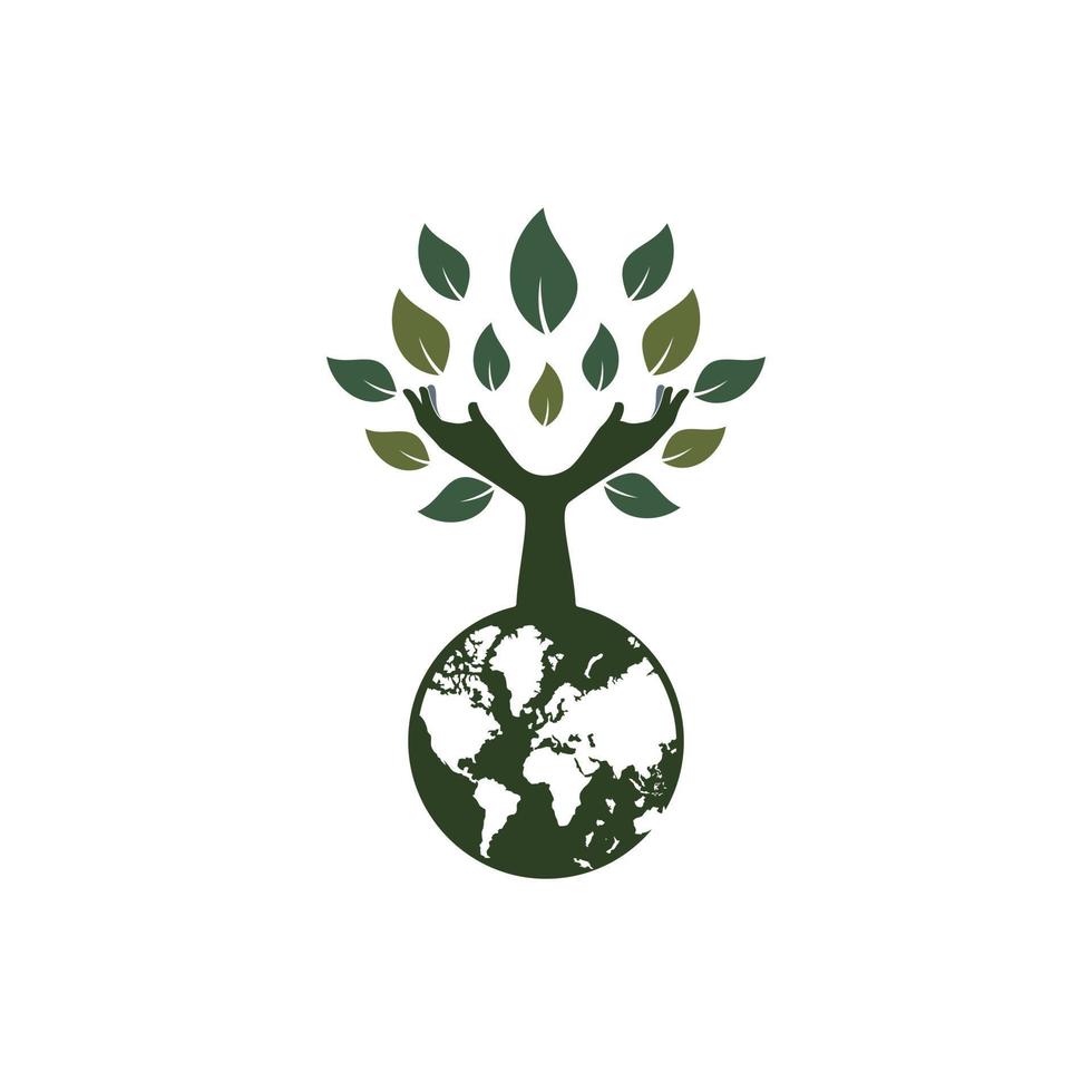 globo e mano albero vettore logo design. natura e terra cura concetto.