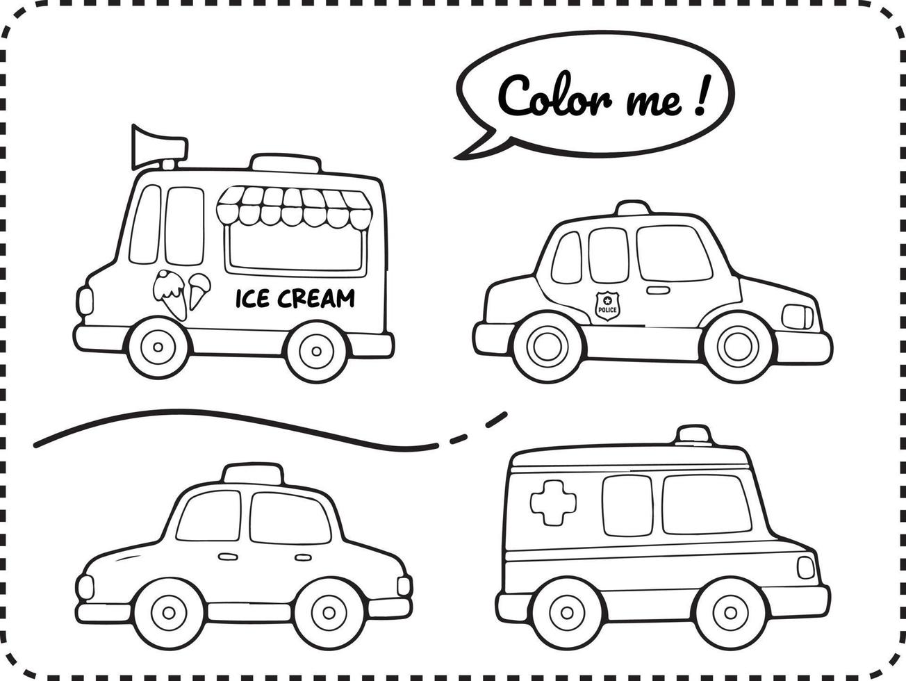 linea arte di vario macchine come come ghiaccio crema camion, polizia macchina, Taxi, e ambulanza. adatto per colorazione prenotare, colorazione pagine, etichetta, bambini istruzione, ecc vettore