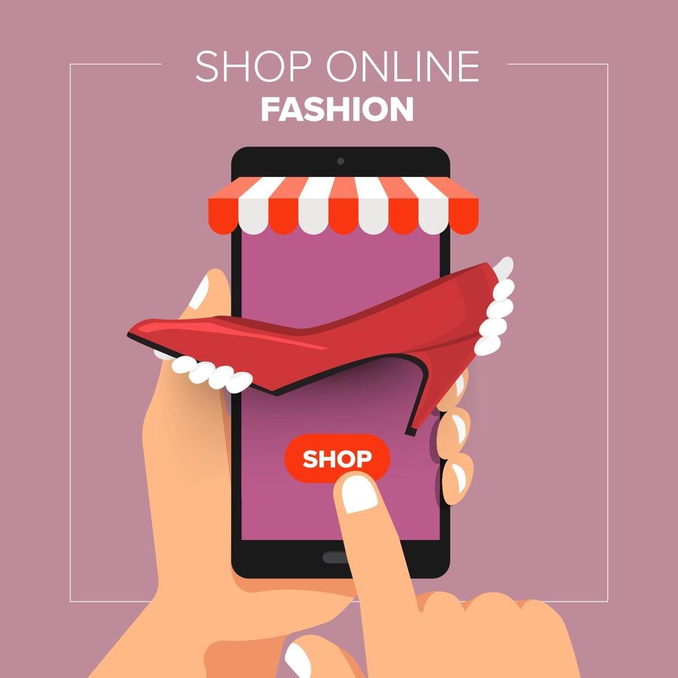 illustrazioni flat design concept negozio online negozio mobile. tenere in mano lo shopping di moda vendita mobile. vettore