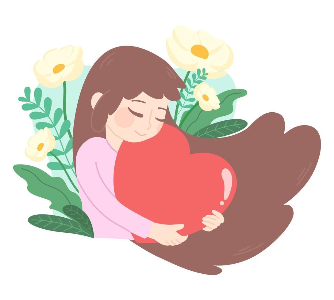 psicologia se stesso amore concetto, illustrazione, vettore disegno, ragazza abbracciare cuori con fiori dietro.