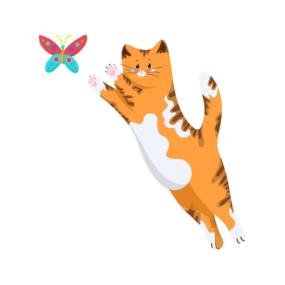 il gatto rosso salta per una farfalla colorata, un simpatico personaggio dei cartoni animati, un animale domestico, un gruppo di oggetti vettoriali isolato su uno sfondo bianco, disegnare a mano.