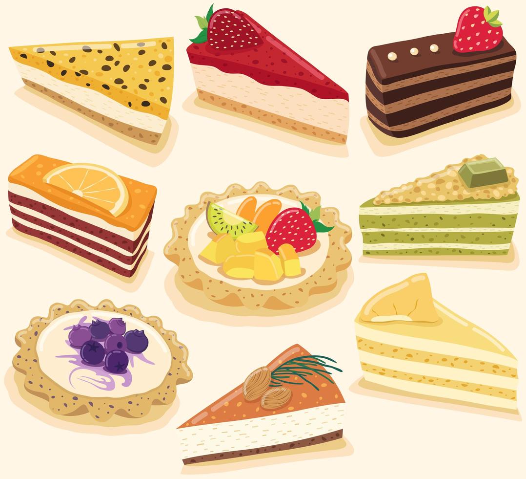 raccolta di deliziosi dessert isolato su sfondo giallo pastello vettore