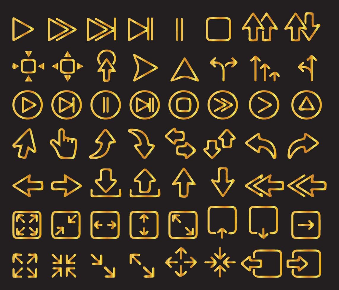 vettore illustrazione di d'oro freccia icone nel vario stile. freccia icone collezione consiste di giocare a, pausa, fermare, prossimo, precedente, Scarica, caricamento, e altro pulsanti
