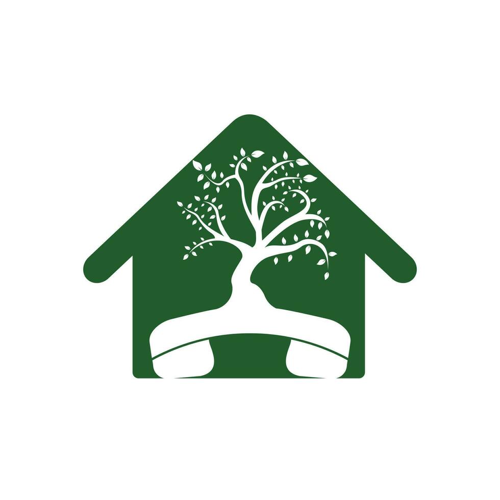 natura chiamata vettore logo design. microtelefono albero con casa icona design modello.