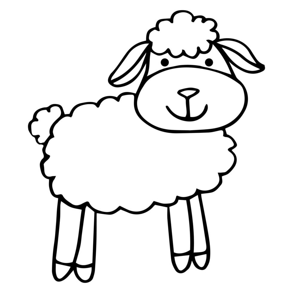 colorazione pagina schema di cartone animato pecore. pagina per colorazione libro di divertente agnello per bambini. attività incolore immagine di carino animali. anti stress pagina per bambino. nero e bianca vettore illustrazione.