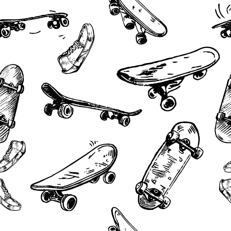 impostato di skateboard isolato su bianca. scarabocchio longboard, pennyboard. mano disegnato vettore illustrazione.