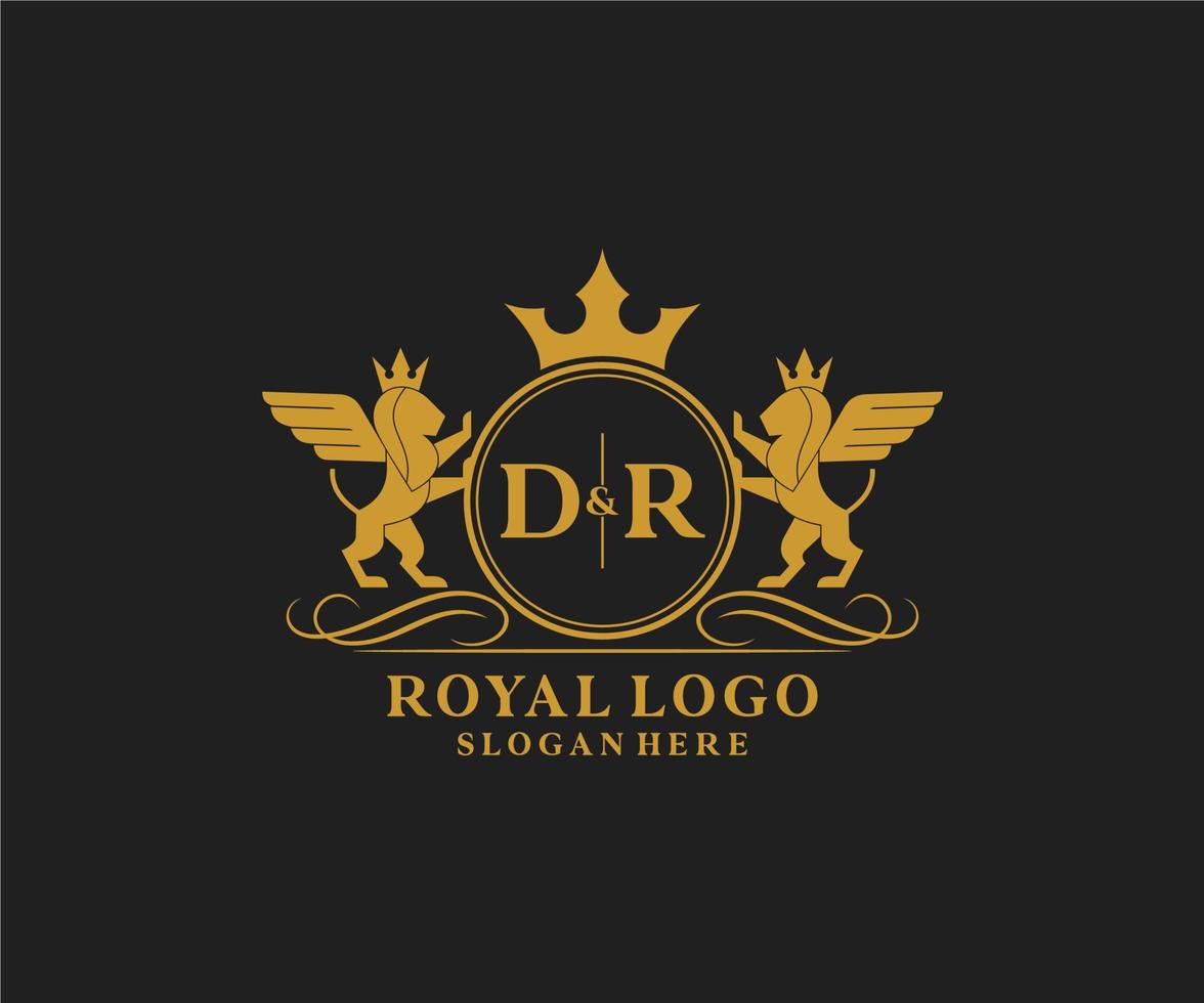 iniziale dr lettera Leone reale lusso stemma araldico logo modello nel vettore arte per ristorante, regalità, boutique, bar, Hotel, araldico, gioielleria, moda e altro vettore illustrazione.