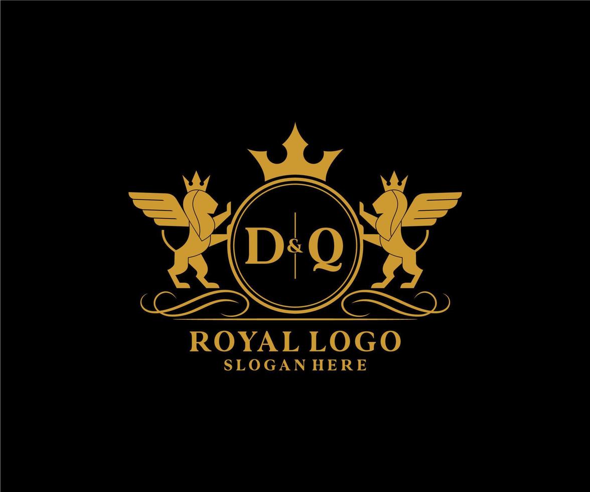 iniziale dq lettera Leone reale lusso stemma araldico logo modello nel vettore arte per ristorante, regalità, boutique, bar, Hotel, araldico, gioielleria, moda e altro vettore illustrazione.