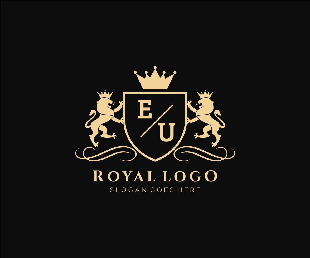 iniziale Unione Europea lettera Leone reale lusso stemma araldico logo modello nel vettore arte per ristorante, regalità, boutique, bar, Hotel, araldico, gioielleria, moda e altro vettore illustrazione.