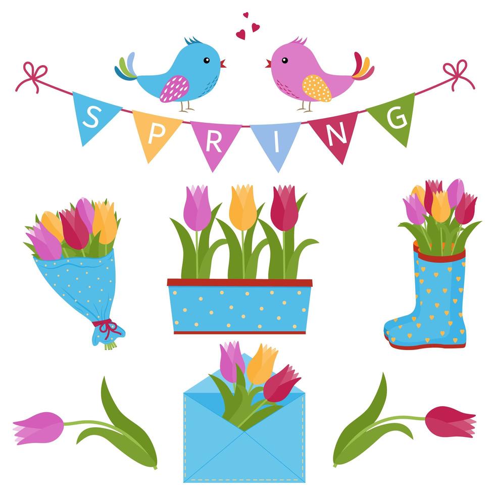 primavera con uccelli e tulipani vettore