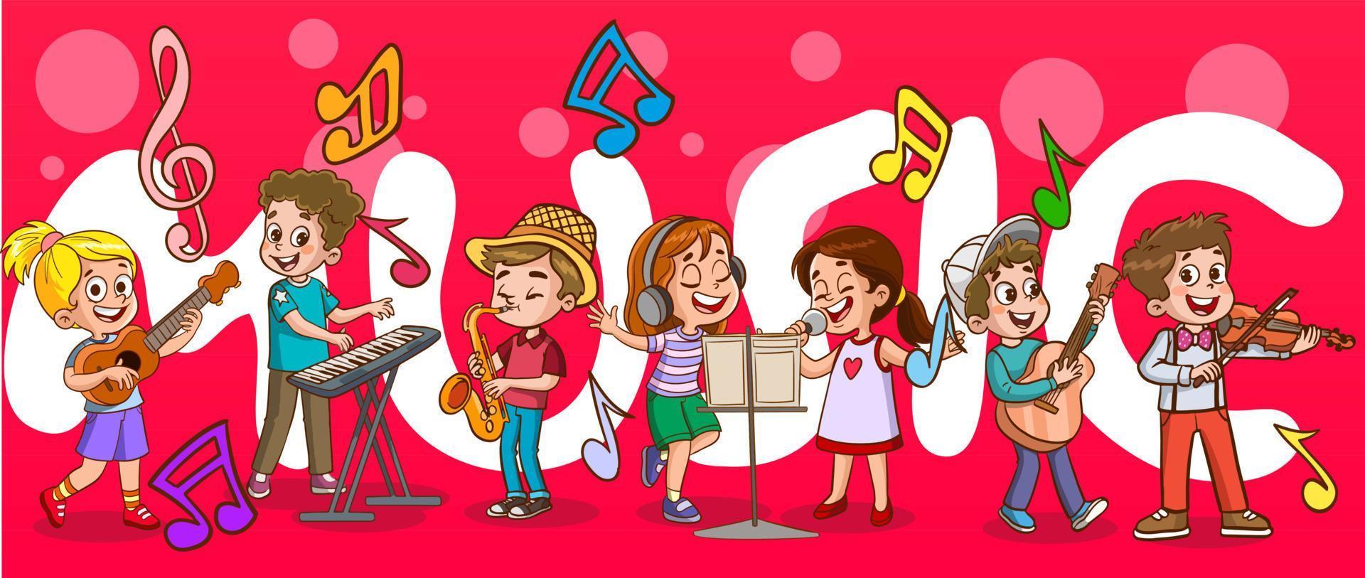 cartone animato gruppo di bambini cantando e danza nel il scuola coro vettore