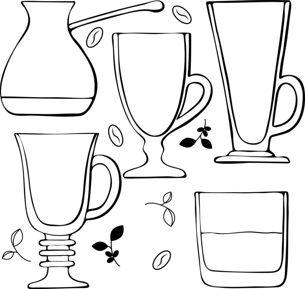 bicchieri scarabocchio monocromatico impostato per caffè bevande e bicchiere di whisky, latte macchiato, irlandesi caffè, caffè turco, fagioli e caffè rametti. vettore