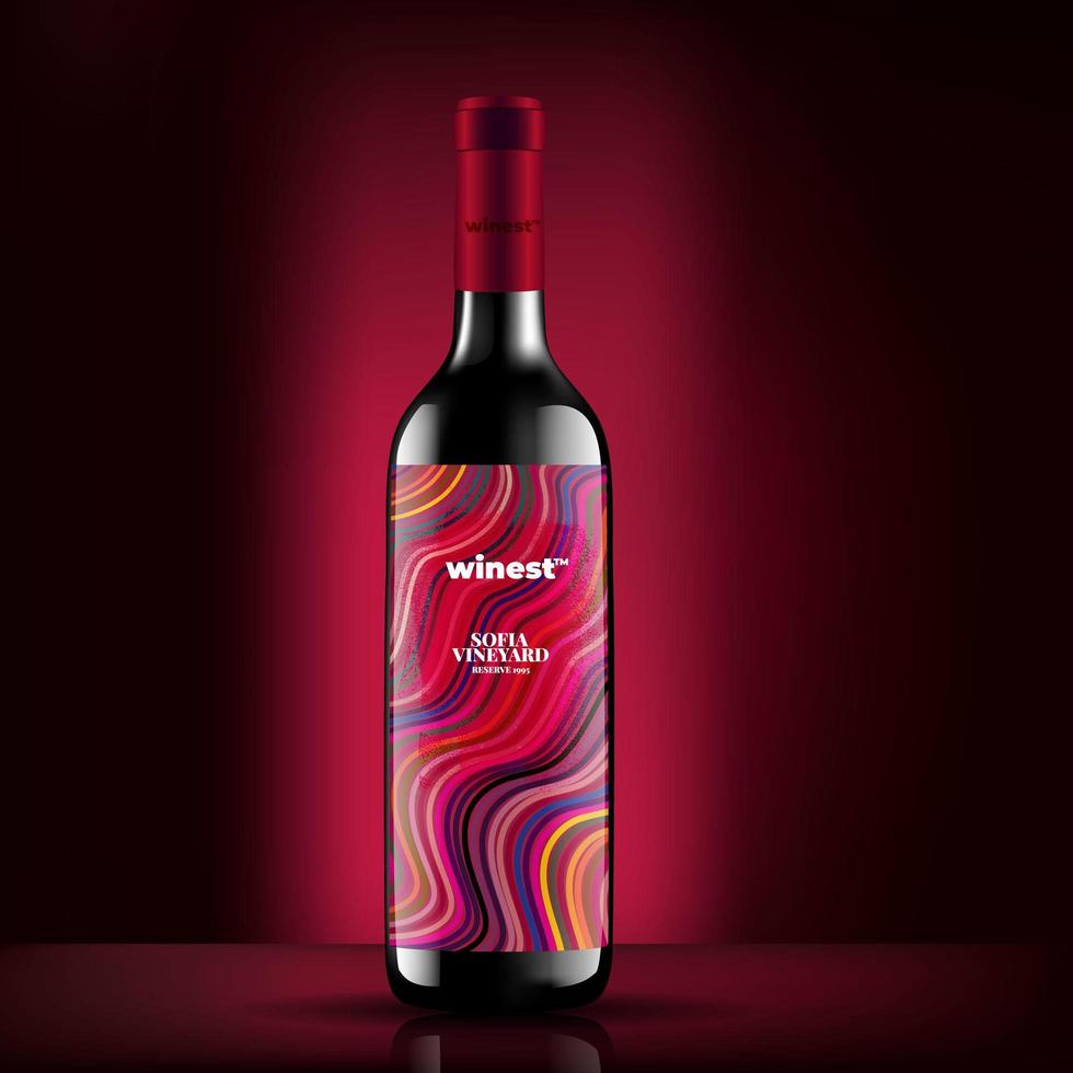 vettore di bottiglia di vino, design del concetto di etichetta di bottiglia di vino rosso, design di packaging colorato per vino rosso