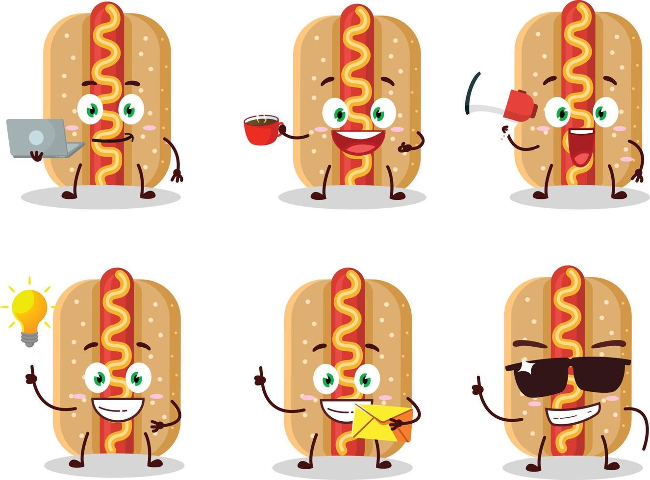 hot dog cartone animato personaggio con vario tipi di attività commerciale emoticon vettore