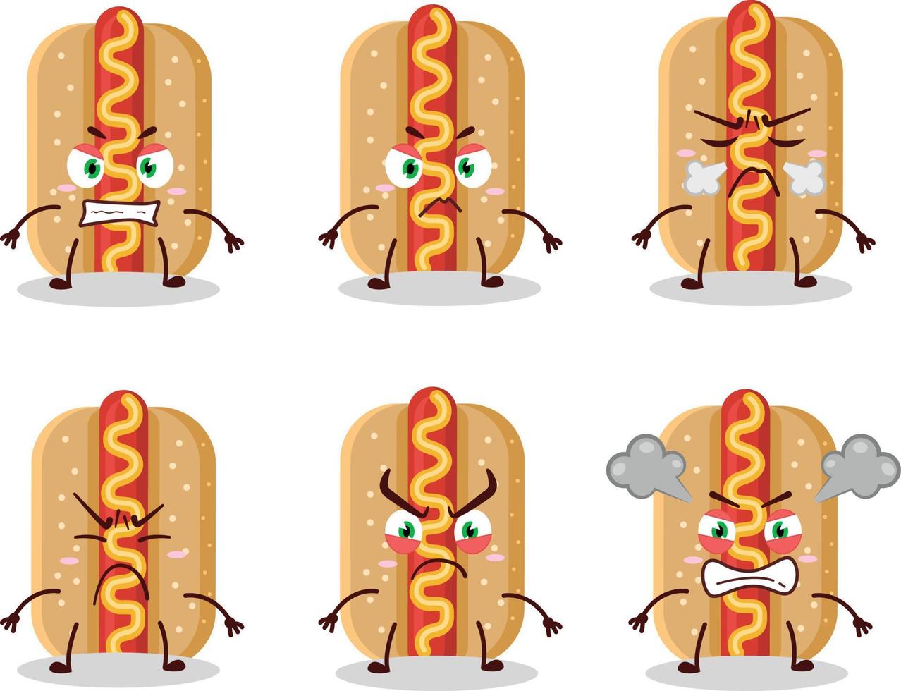 hot dog cartone animato personaggio con vario arrabbiato espressioni vettore