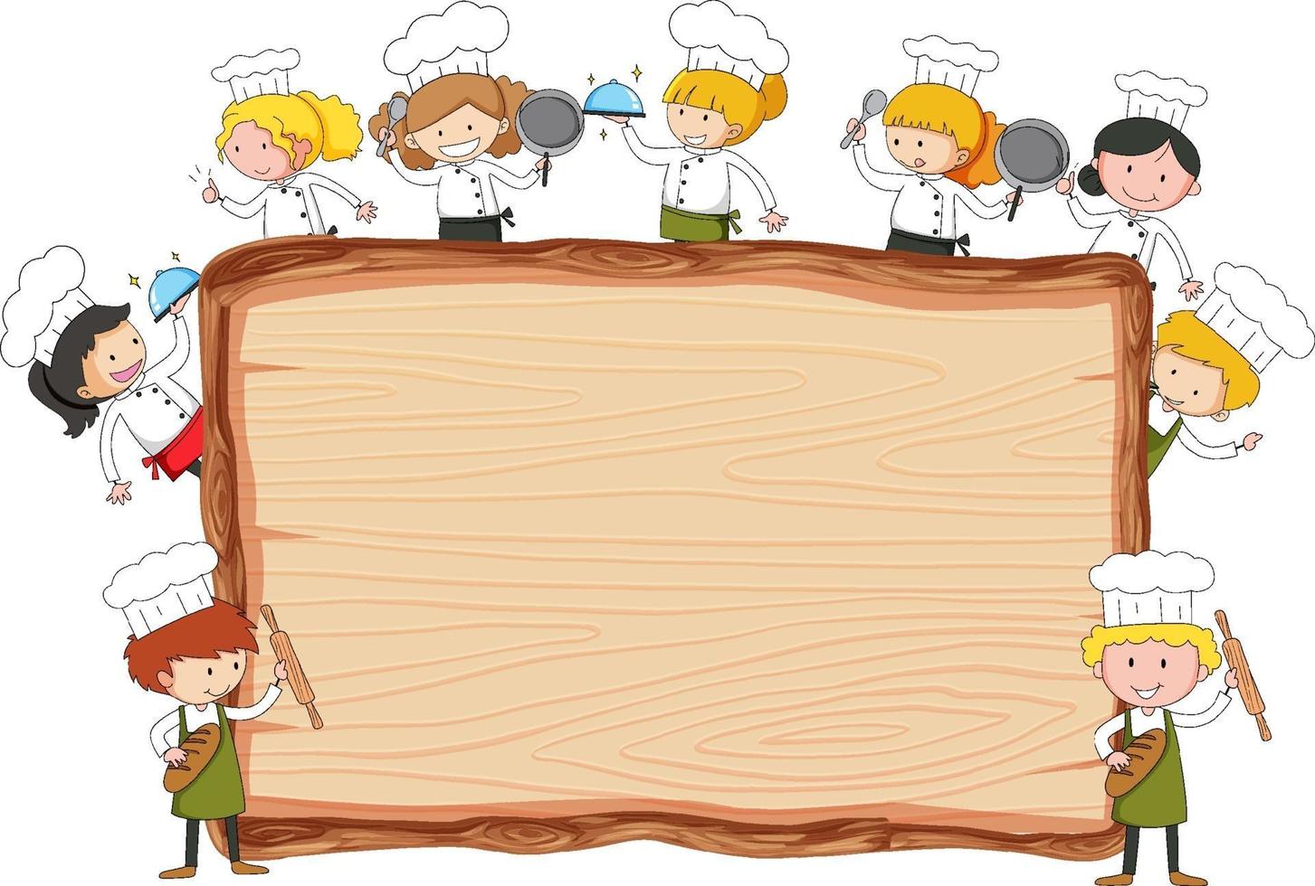 tavola di legno vuota con molti piccoli chef tema isolato vettore