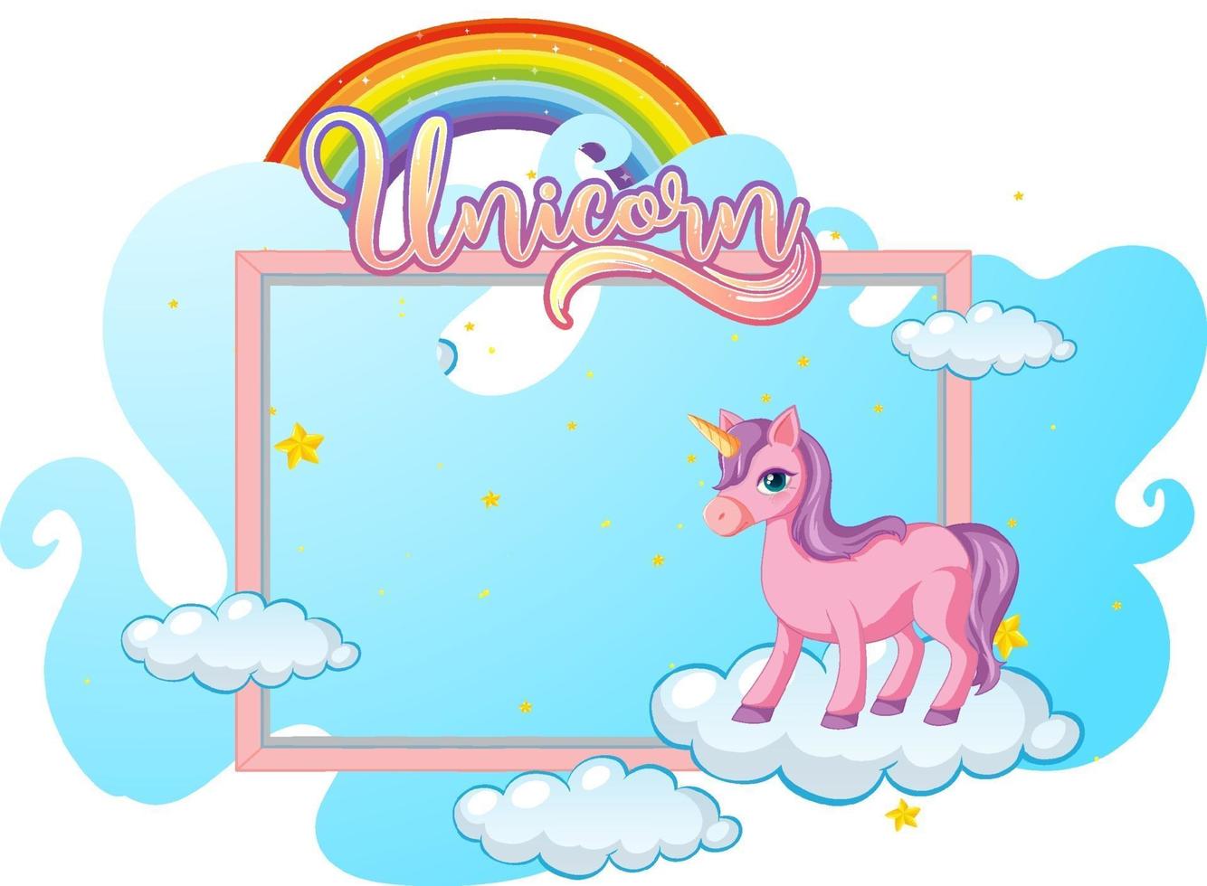 banner vuoto con simpatico personaggio dei cartoni animati di unicorno su sfondo bianco vettore