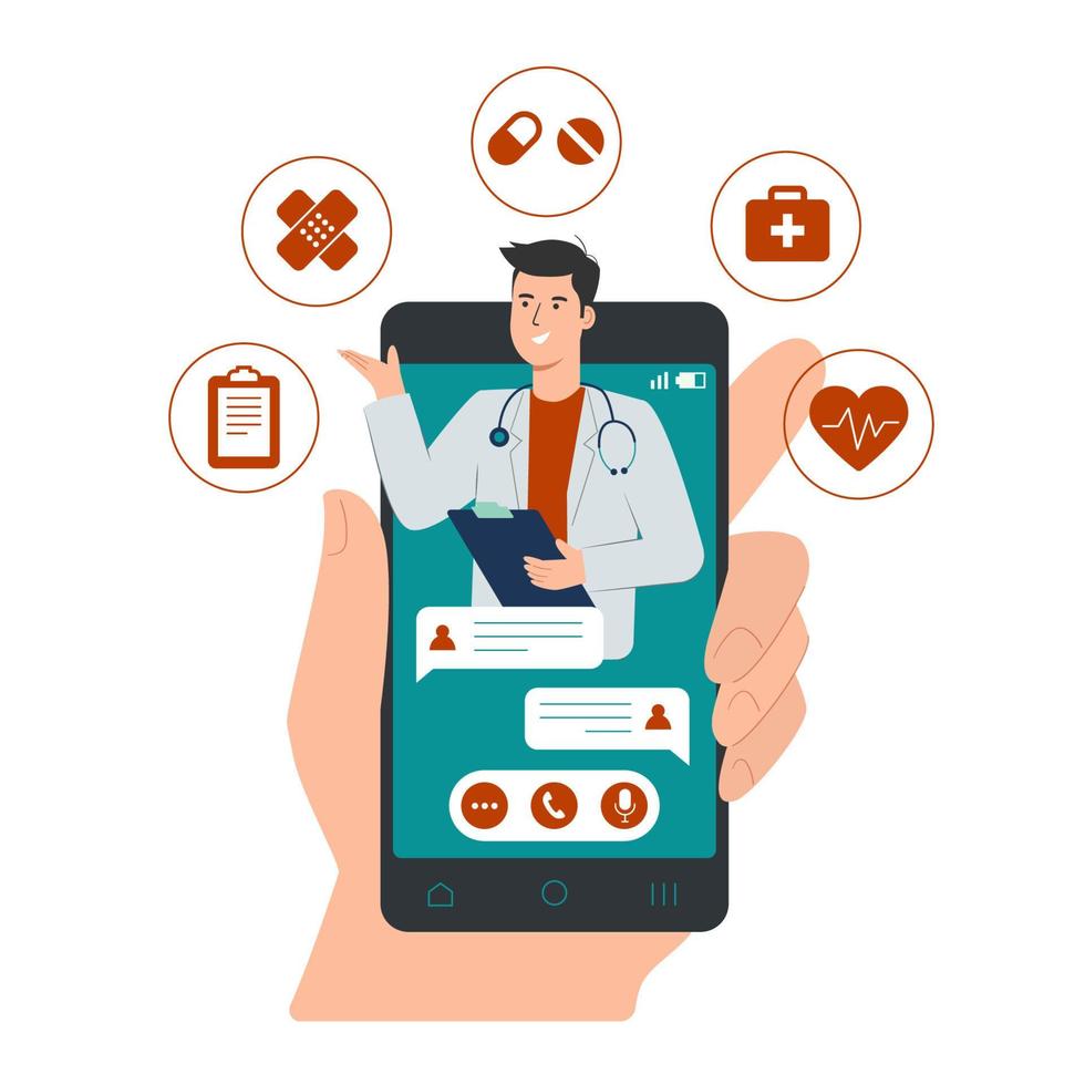 in linea medico consultazione concetto con maschio medico su smartphone Schermo e medico icona App vettore