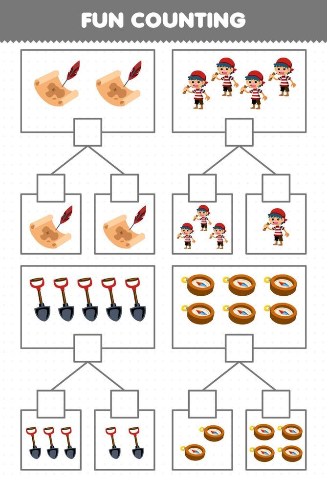 formazione scolastica gioco per bambini divertimento conteggio immagine nel ogni scatola di carino cartone animato Tesoro carta geografica ragazzo pala e bussola stampabile pirata foglio di lavoro vettore