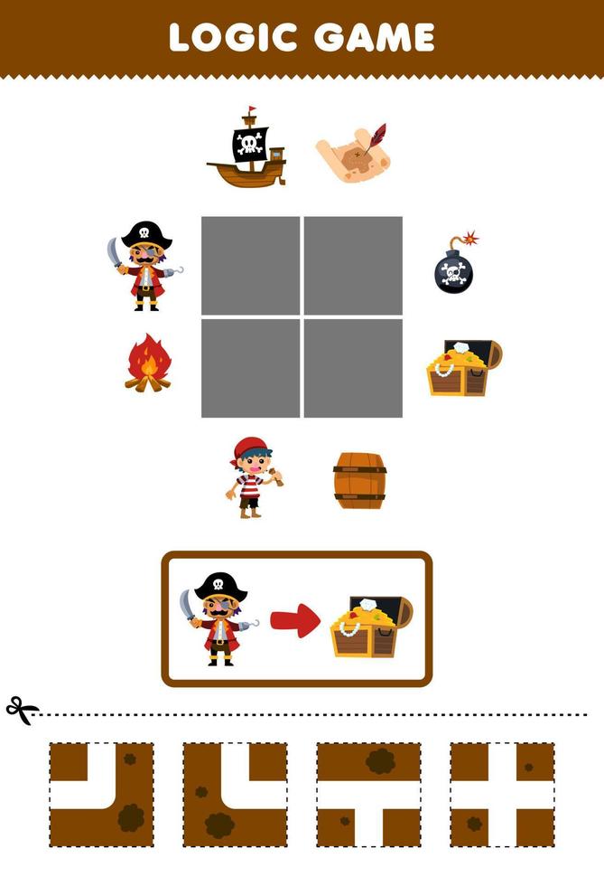 formazione scolastica gioco per bambini logica puzzle costruire il strada per Capitano mossa per Tesoro il petto stampabile pirata foglio di lavoro vettore