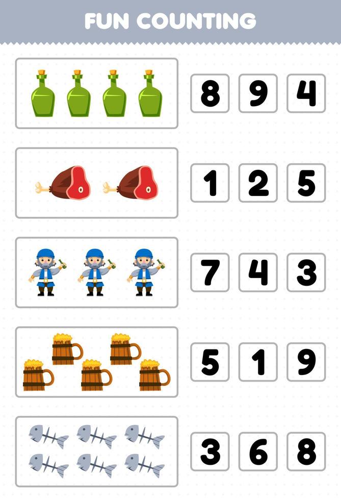 formazione scolastica gioco per bambini divertimento conteggio e la scelta il corretta numero di carino cartone animato bottiglia carne vecchio uomo boccale pesce osso stampabile pirata foglio di lavoro vettore