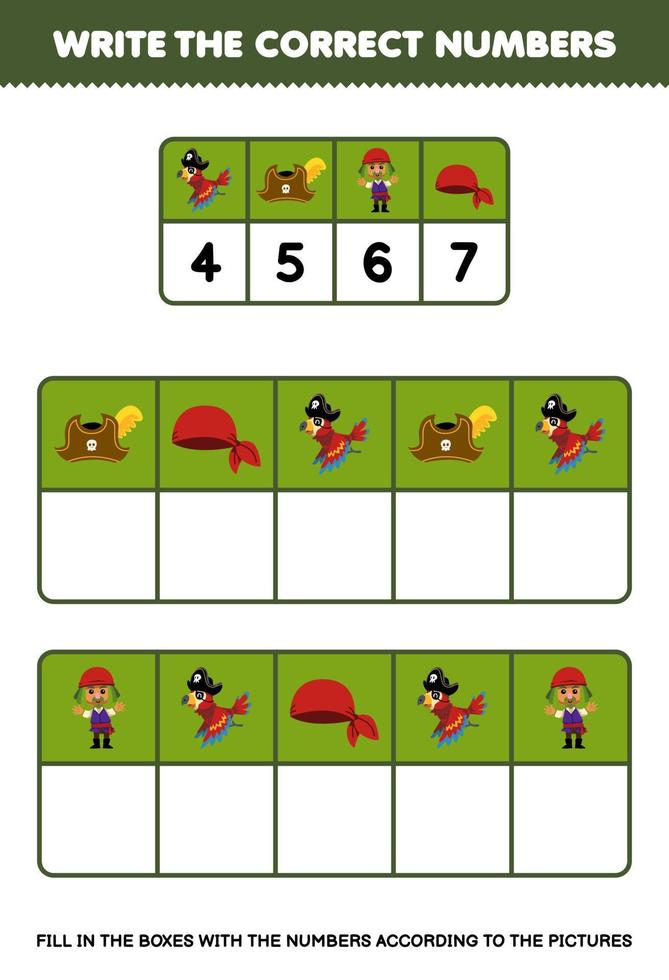 formazione scolastica gioco per bambini Scrivi il giusto numeri nel il scatola secondo per il carino pappagallo cappello uomo bandana su il tavolo stampabile pirata foglio di lavoro vettore