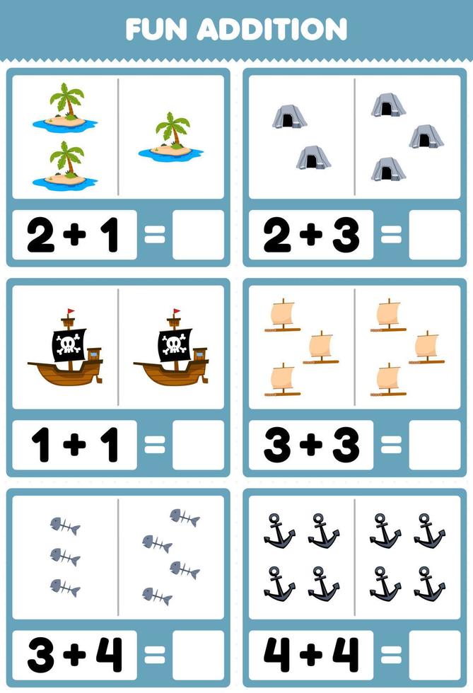 formazione scolastica gioco per bambini divertimento aggiunta di conteggio e somma di carino cartone animato isola grotta nave zattera pesce osso ancora stampabile pirata foglio di lavoro vettore