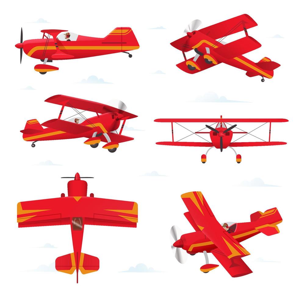 acrobatico biplano aereo nel diverso visualizzazioni. leggero aereo illustrazione vettore