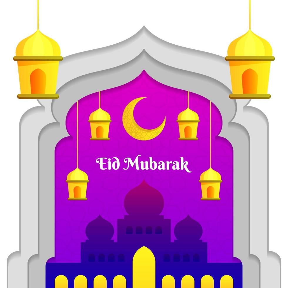 semplice eid mubarak con moschea e lanterna vettore