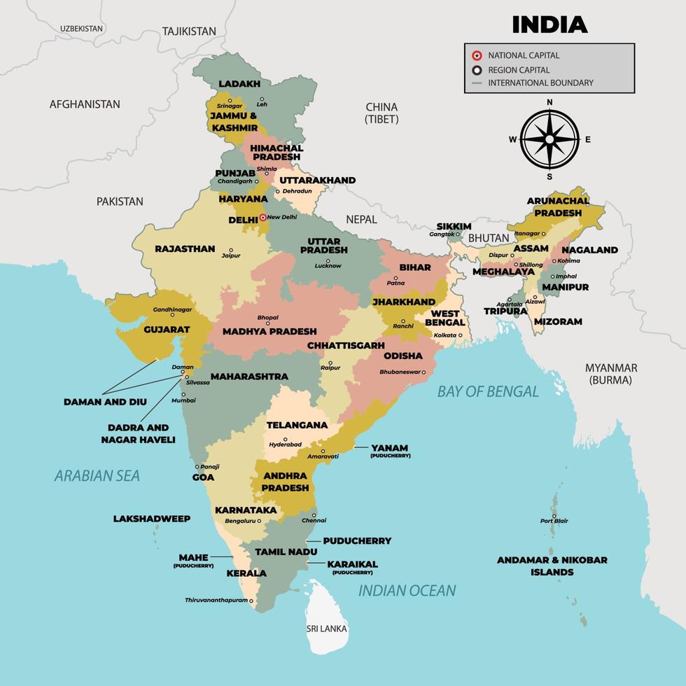 India carta geografica con regione nome vettore