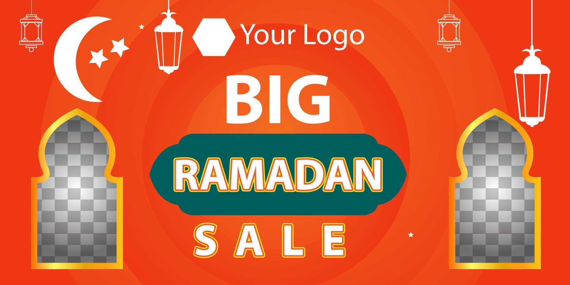 Ramadan kareem mega vendita striscione, islamico ornamento lanterna, decorazione oro e moderno sfondo con vuoto spazio per foto vettore