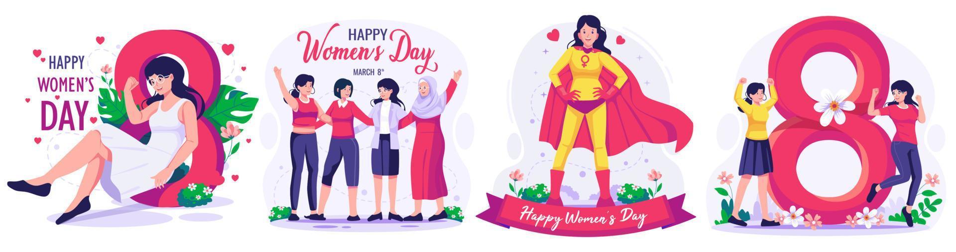 illustrazione impostato di internazionale Da donna giorno concetto con contento multinazionale diverso donne celebrare Da donna giorno. lottando per la libertà e indipendenza vettore