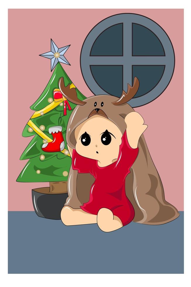 bambino con coperta di renne il giorno di Natale vettore