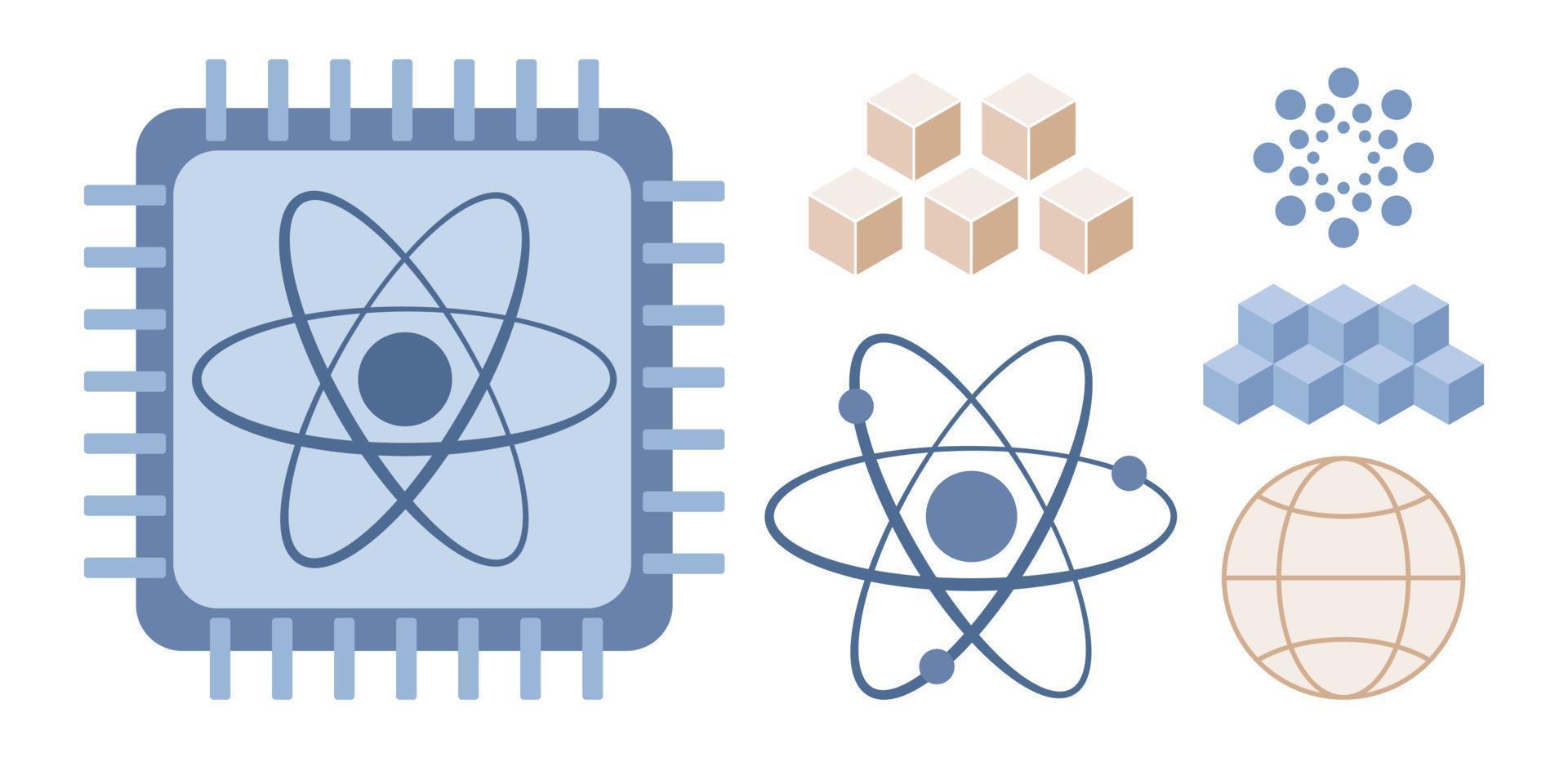 quantistico calcolo impostato icona. artificiale intelligenza, semiconduttore patata fritta, computer scienza, supercomputer, futuro tecnologia. vettore piatto illustrazione