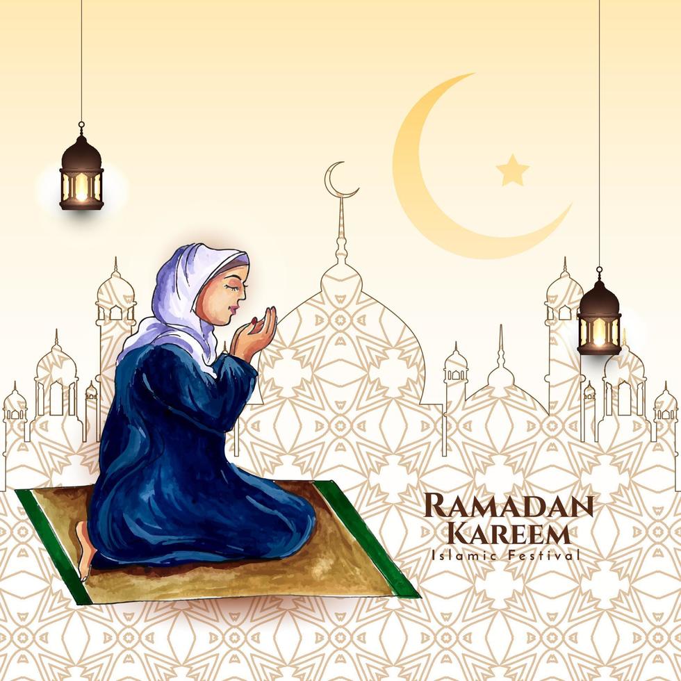 culturale Ramadan kareem Festival carta con musulmano femmina offerta namaz nel hijab vettore