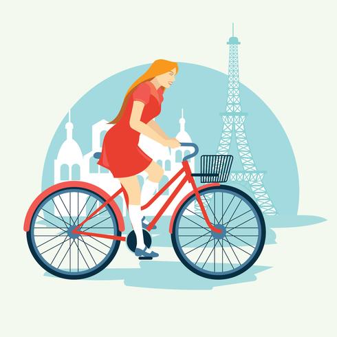 Donna in sella a una bicicletta Bonjour Parigi vettore