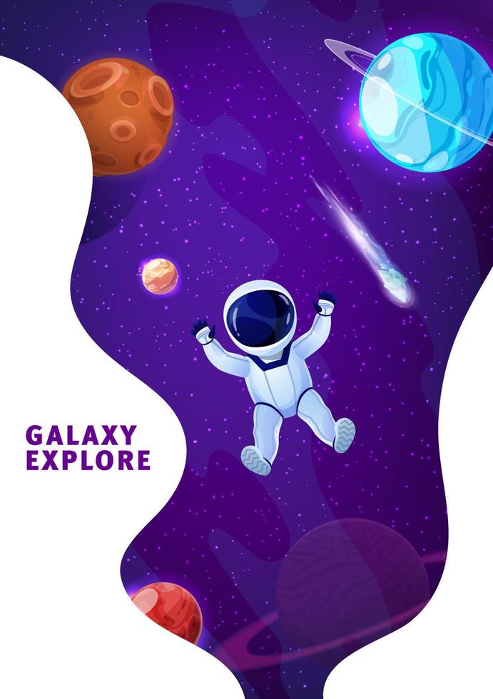 cartone animato astronauta nel esterno spazio, atterraggio ragnatela pagina vettore
