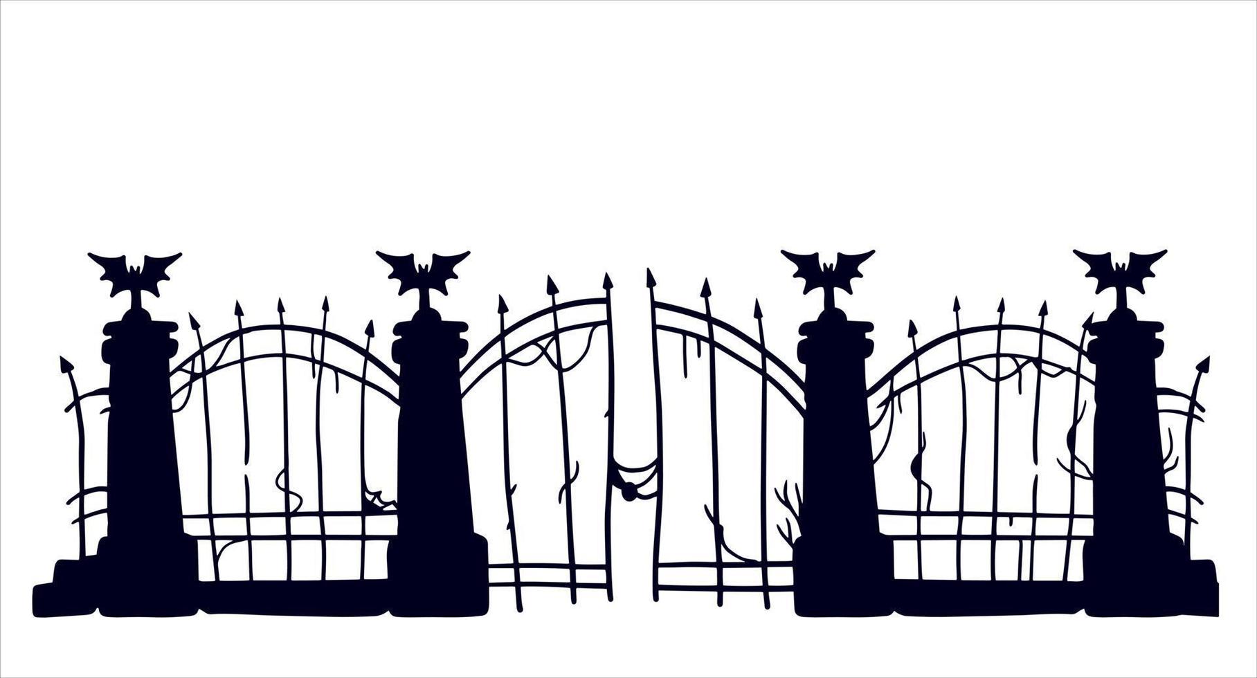 vecchio recinto di cimitero. Halloween decorazione. nero silhouette di cupo parete. piatto illustrazione isolato su bianca vettore