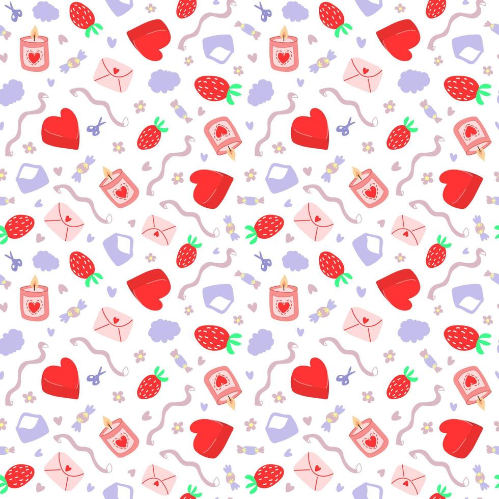 senza soluzione di continuità modello per San Valentino giorno, molla, estate, celebrazione. cuore, fragola, Busta, nastri, forbici, caramella, nube, fiori, candela. mano disegnato vettore illustrazione.