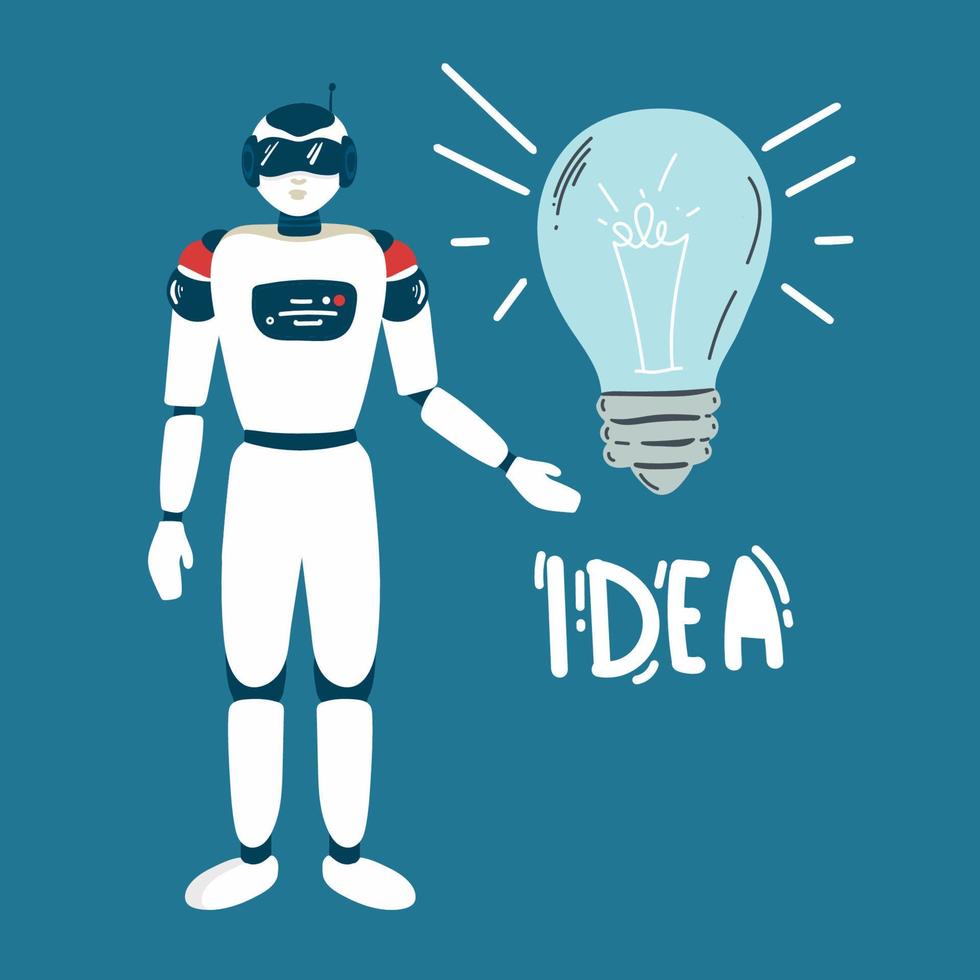 robot hold lampadina sviluppare innovativo attività commerciale idea o strategia. robotica umanoide brainstorming mostrare artificiale intelligenza. innovazione e scienza concetto. Chiacchierare bot. vettore illustrazione.