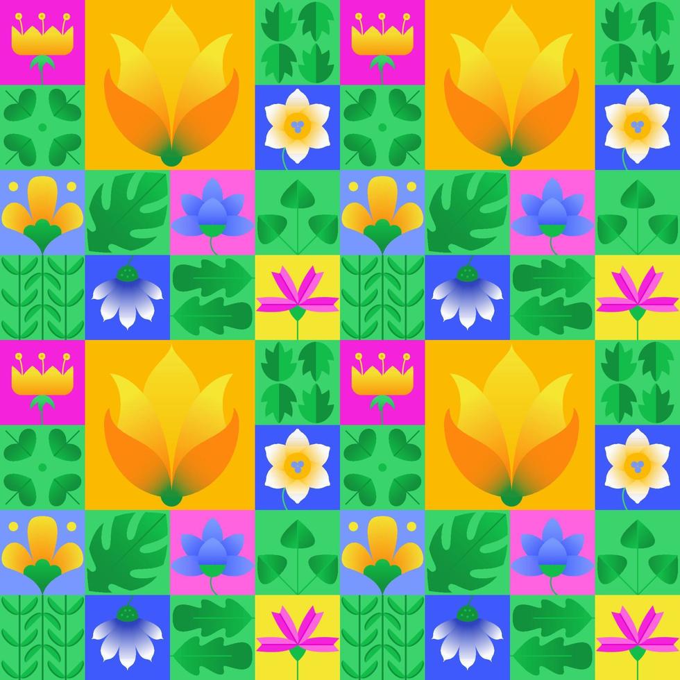 primavera senza soluzione di continuità geometrico modello. astratto vettore fiore e le foglie opera d'arte con colorato semplice forme. creativo bauhaus stile per ragnatela striscioni, tessuto Stampa, avvolgere, sfondo, sfondi