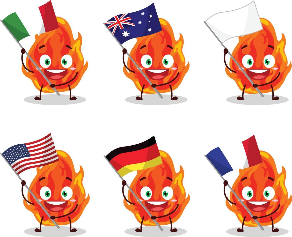 fuoco cartone animato personaggio portare il bandiere di vario paesi vettore