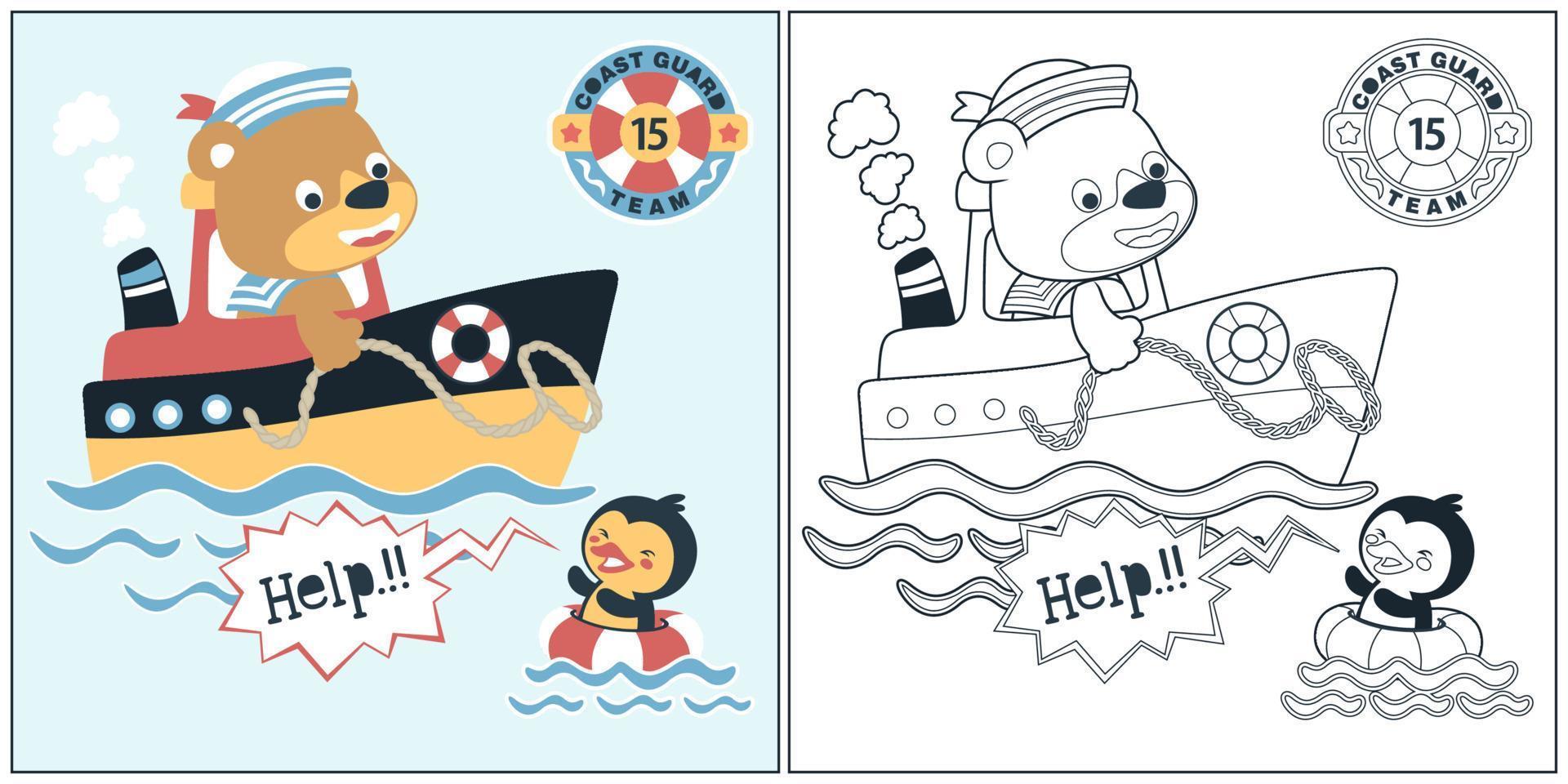 vettore cartone animato di orso su barca porzione un' pinguino, colorazione libro o pagina