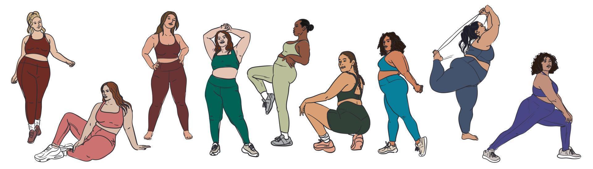 un' grande impostato di colorato sovrappeso donne con un' bellissimo figura nel un' tuta da ginnastica con un' luminosa buio schema. bodypositive femmina corpo. vettore illustrazione. stampa di volantini, striscioni, sportivo merce