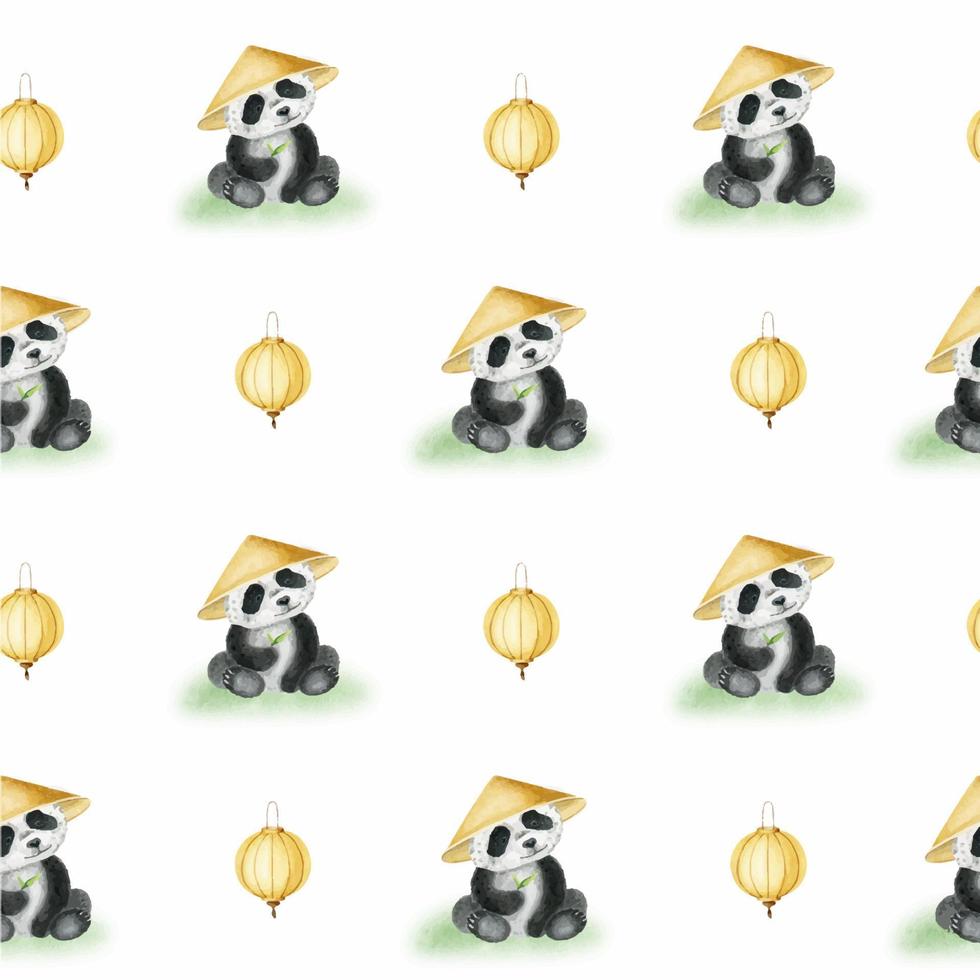 carino panda nel un' tradizionale Cinese cappello, giallo Cinese carta lanterne. acquerello senza soluzione di continuità modello. Cinese nuovo anno. asiatico sfondo con vacanza simboli. vettore