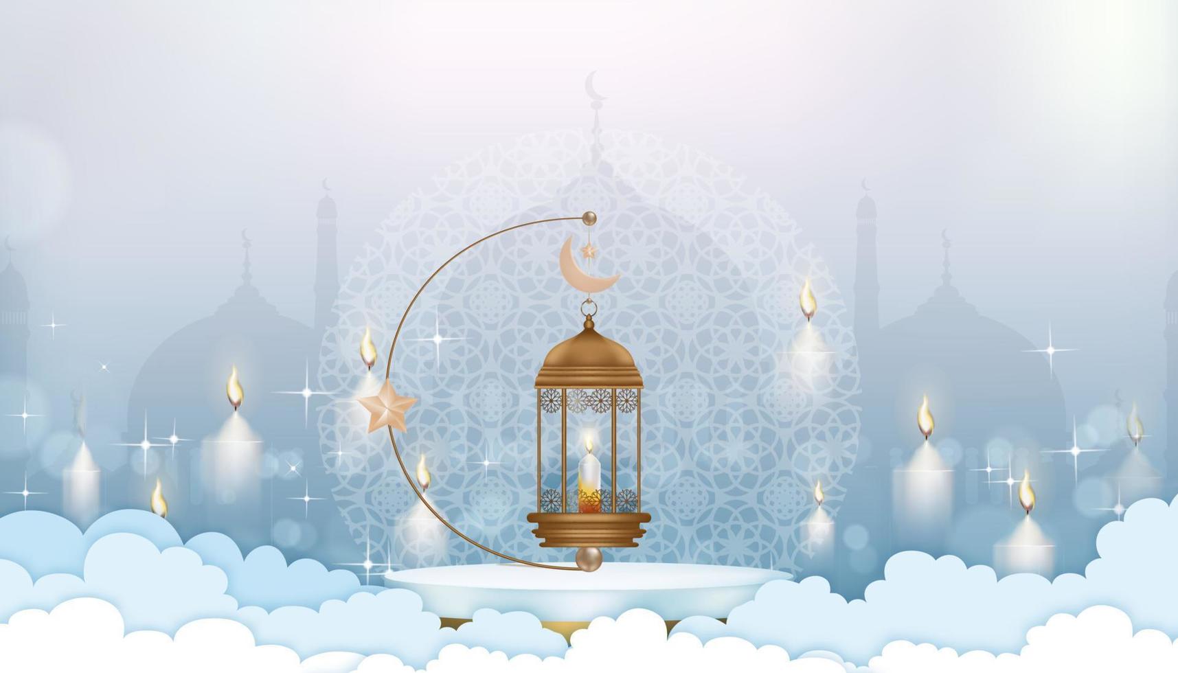 islamico 3d podio con tradizionale islamico lanterna e mezzaluna luna, stella sospeso su blu cielo sfondo, vettore fondale religione di musulmano simbolico, eid al fitr, ramadan kareem, eid al adha, eid mubarak