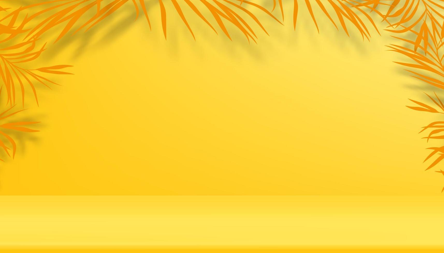 estate sfondo, 3d vuoto studio camera scena Noce di cocco palma partire su giallo sfondo, prodotto Schermo tropicale foglia con copia spazio, vettore le foglie ombra su parete per estate vacanza, viaggio, vendita, promozione