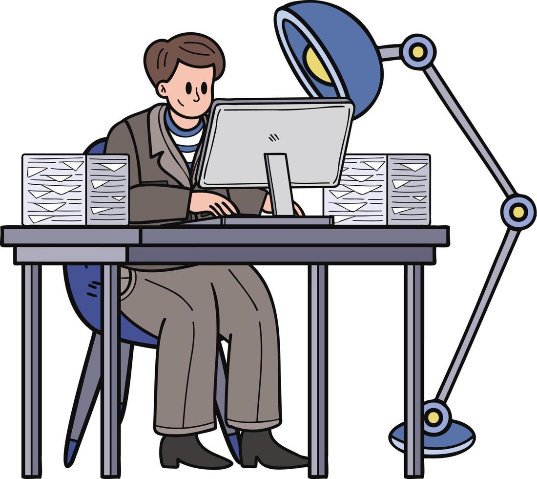 attività commerciale uomo seduta e Lavorando a computer illustrazione nel scarabocchio stile vettore